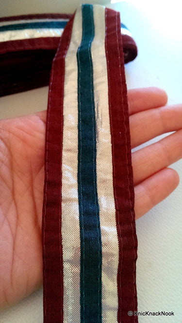 Maroon, Silver And Teal Shimmer Trim Lace, 43 mm Wide